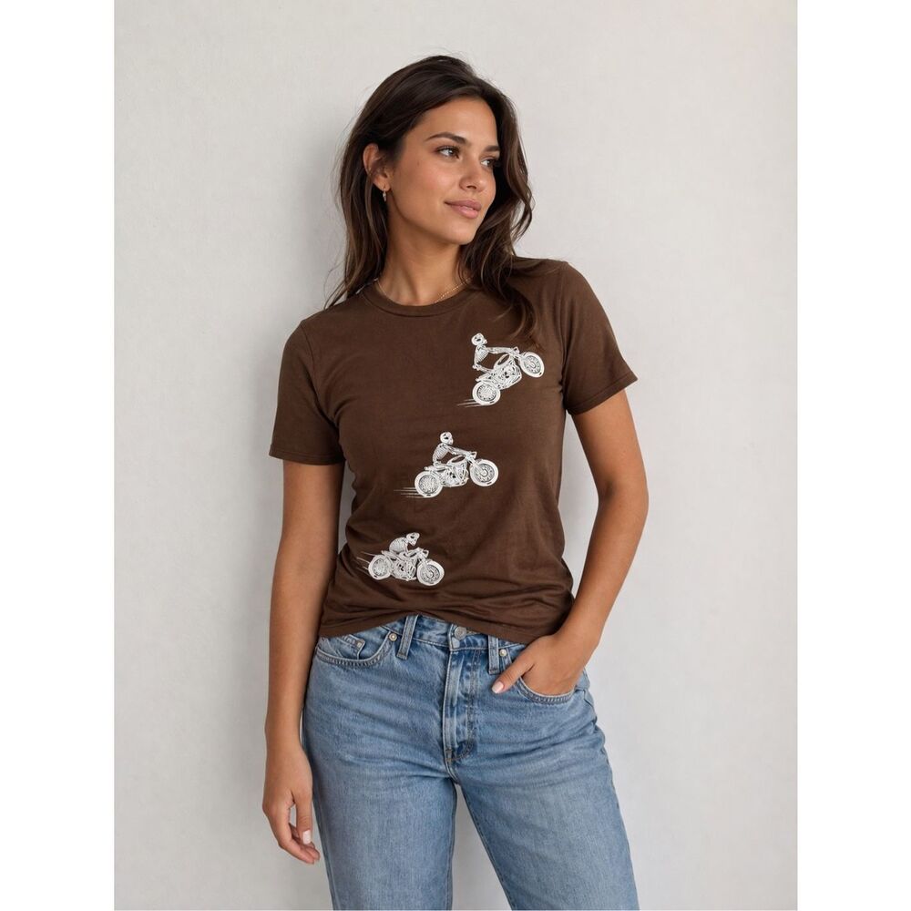 Philosophy of Love Brown Graphic T-Shirt Skeleton Motorcycle Print Size XS